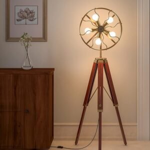 Wooden Brown and Brass Antique Gold 5ft Height Adjustable Tripod Floor Lamp Standing with Moveable Wheel Fan Light